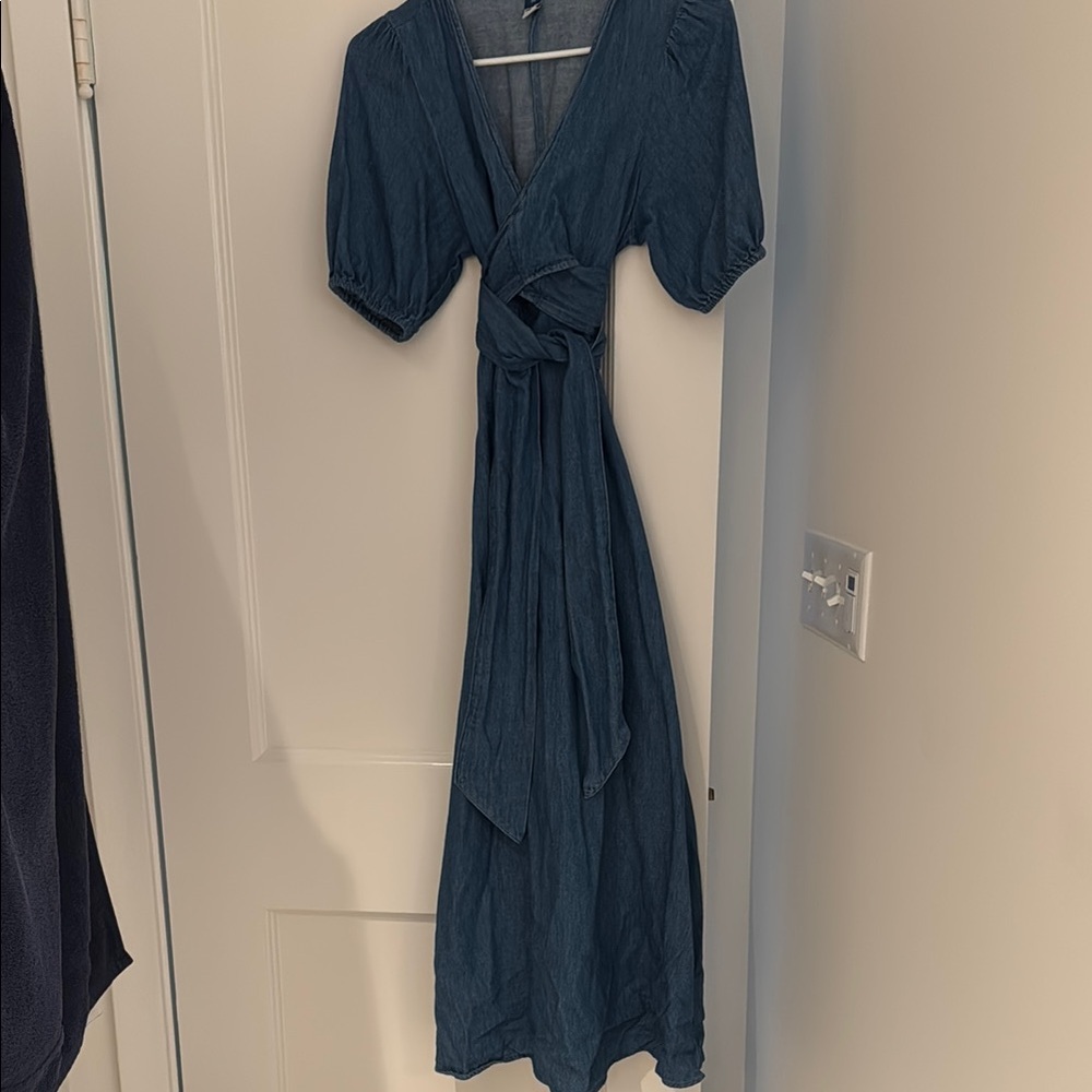 Old Navy Blue Puff Sleeve Wrap Midi Dress